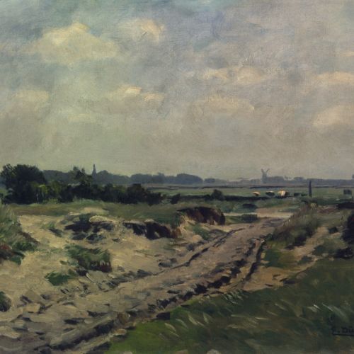 Es handelt sich um eine sommerliche Landschaftsdarstellung in der Region des Niederrheins von Eugen Dücker.