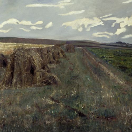 Das Gemälde von Theodor Hagen zeigt eine sommerliche Landschaft aus der zweiten Hälfte des 19. Jahrhunderts. Strogebinde sind an einer Seite aneinandergestellt, im Hintergrund ziehen Wolken über das Land