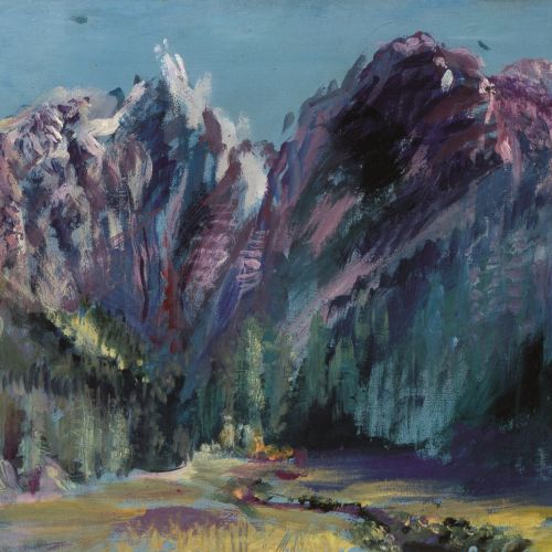 Auf dem Gemälde von Franz Markgraf ist eine impressionistische Berglandschaft der Alpen zu sehen.