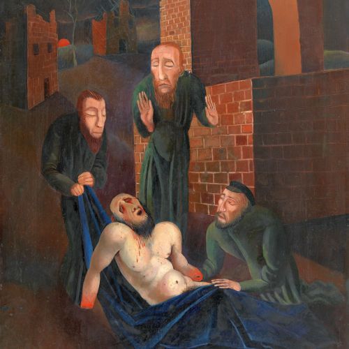 Auf Carlo Menses Malerei Jüdischer Mätyrer ist die verstümmelte Gestalt eines Mannes umrahmt von drei männlichen Figuren abgebildet. Kompositorisch wird die christliche Ikonographie der Kreuzabnahme aufgegriffen