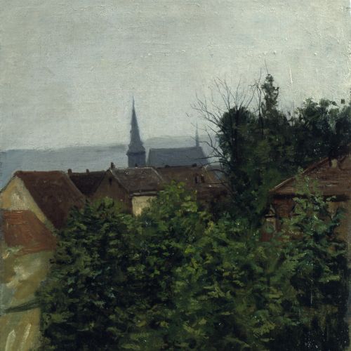 Das Gemälde zeigt die Stadt Weimar, hier einen Blick vom Wielandsplatz zum Frauenplan. Hinter einer Hecke von Sträuchern ragt ein Kirchturm hinter Häuserdächern hervor