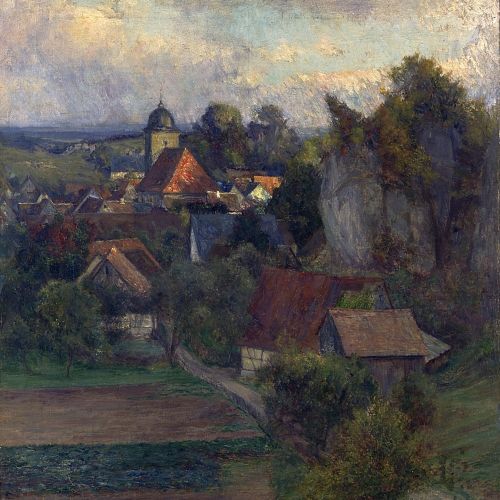 Auf dem Gemälde von Max Merker ist eine Kleinstadt in der fränkischen Schweiz zu sehen, bei der es sich möglicherweise um Betzenstein handelt