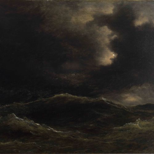 Das Gemälde von Anton Melbye zeigt eine stürmische, nächtliche Meereslandschaft unter geheimnisvoll leuchtenden Wolken.