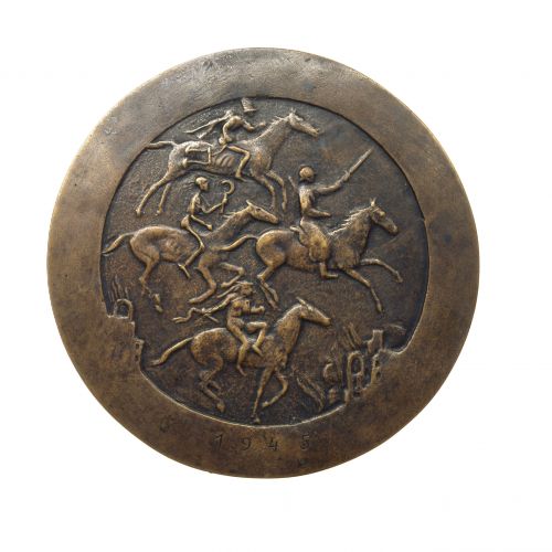 Richard Scheibes Kleinrelief zeigt seinen Schüler Joles Schultheiß im Seitenprofil. Auf der Kehrseite der Plakette ist eine Darstellung der vier Apokalyptischen Reiter abgebildet.