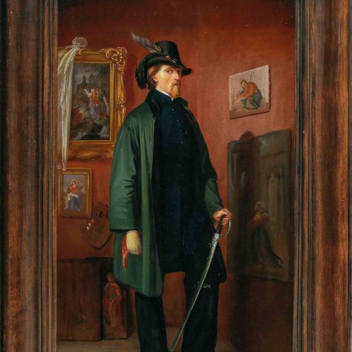 Das Gemälde der Maler als Revolutionär geht auf die Düsseldorfer Malschule im Umfeld Carl Friedrich Lessings zurück. Es wird ein Mann mit Federhut und grünem Mantel dargestellt. In der Linken hält er ein rotes Tuch, in der Rechten einen gebogenen Degen