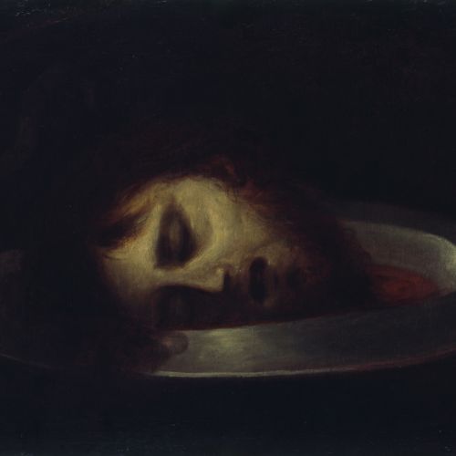 Typische Darstellung der sogenannten Johannisschüssel, in welcher der abgeschlagene Kopf des Heiligen Johannes der Täufer mit dem Gesicht nach oben gezeigt wird.