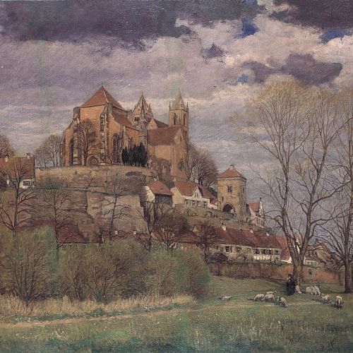 Die Malerei von Adolf Luntz zeigt eine historische Landschaftsdarstellung von Alt-Breisach. Im Vordergrund sieht man einen Schäfer unter einem Baum, umgeben von seinen Schafen.