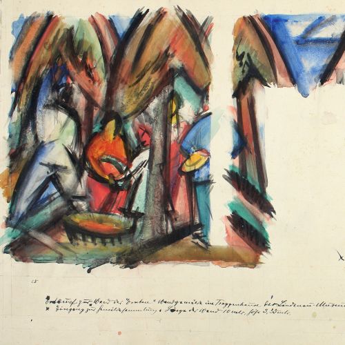Es handelt sich einen den Entwurf von Ernst Müller-Gräfe für ein mehrteiliges Wandgemälde im Treppenhaus des Lindenau-Museums. Das Motiv schmückt die Nordwand und enthält eine Aussparung im mittleren Bildfeld für den Durchgang