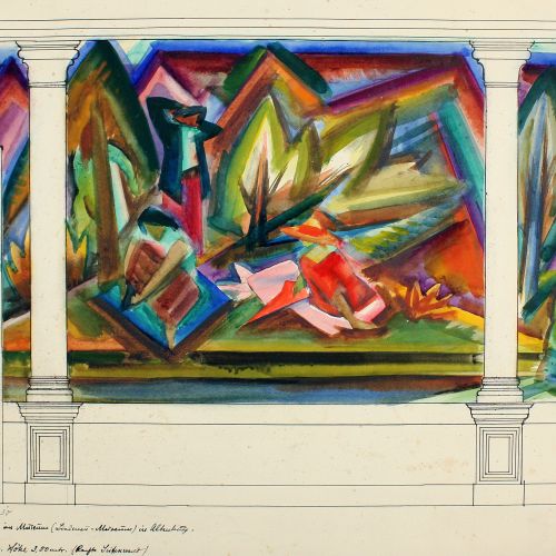 Es handelt sich einen den Entwurf von Ernst Müller-Gräfe für ein mehrteiliges Wandgemälde im Treppenhaus des Lindenau-Museums. Das Motiv schmückt die Ostwand und enthält eine Aussparung im linken Bildfeld für den Durchgang