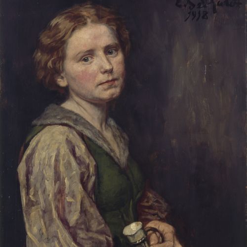 Das Gemälde von Eduard von Gebhardt zeigt eine junge Bauersfrau mit einem Steinkrug im Halbprofil.